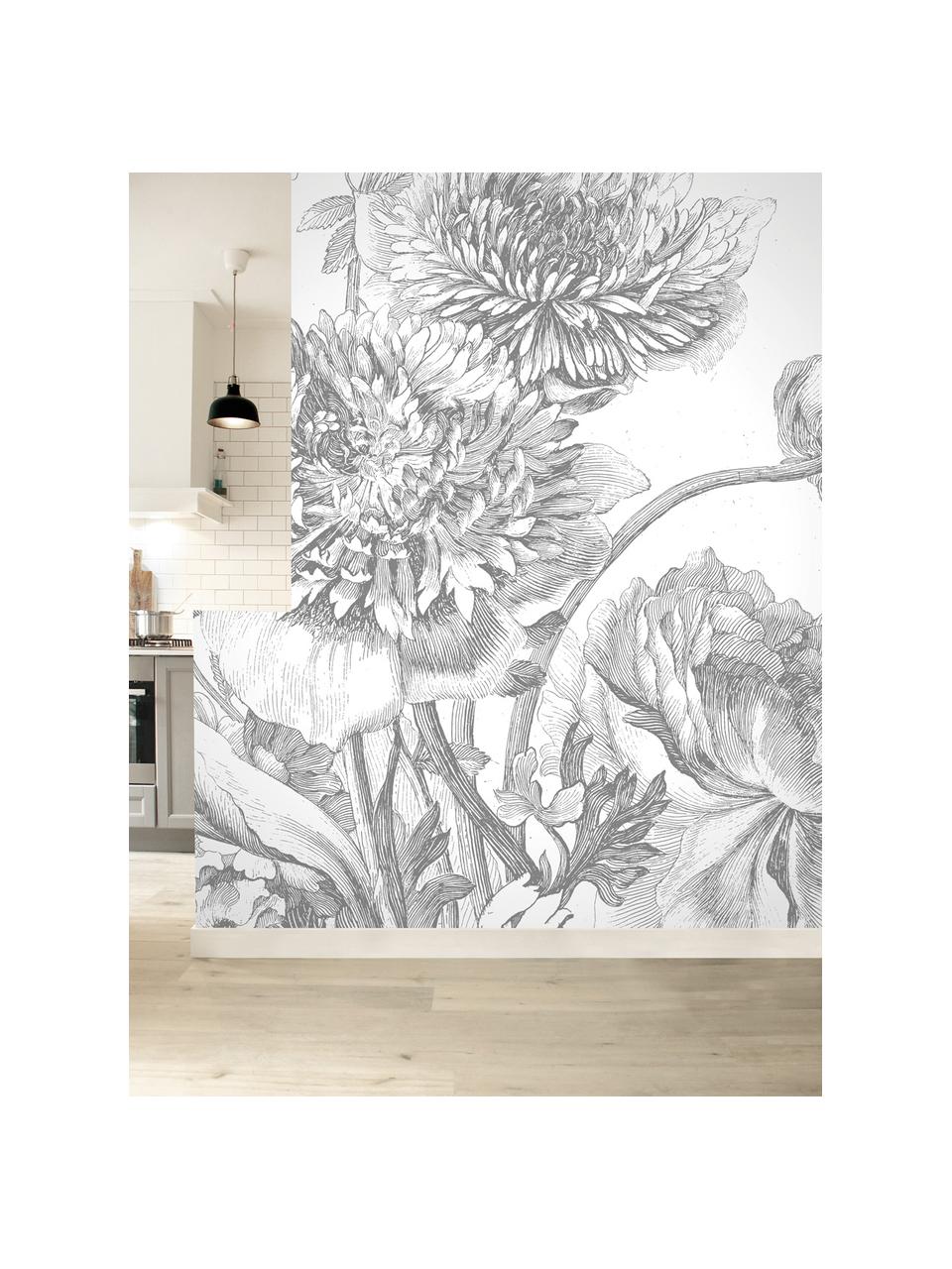 Adesivo murale Engraved Flowers, Tessuto non tessuto, ecologico e biodegradabile, Grigio, bianco, Larg. 389 x Alt. 280 cm