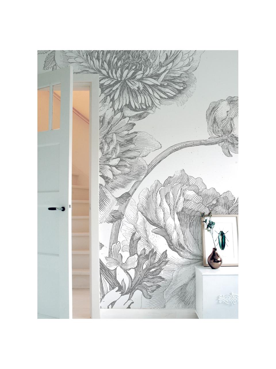 Adesivo murale Engraved Flowers, Tessuto non tessuto, ecologico e biodegradabile, Grigio, bianco, Larg. 389 x Alt. 280 cm