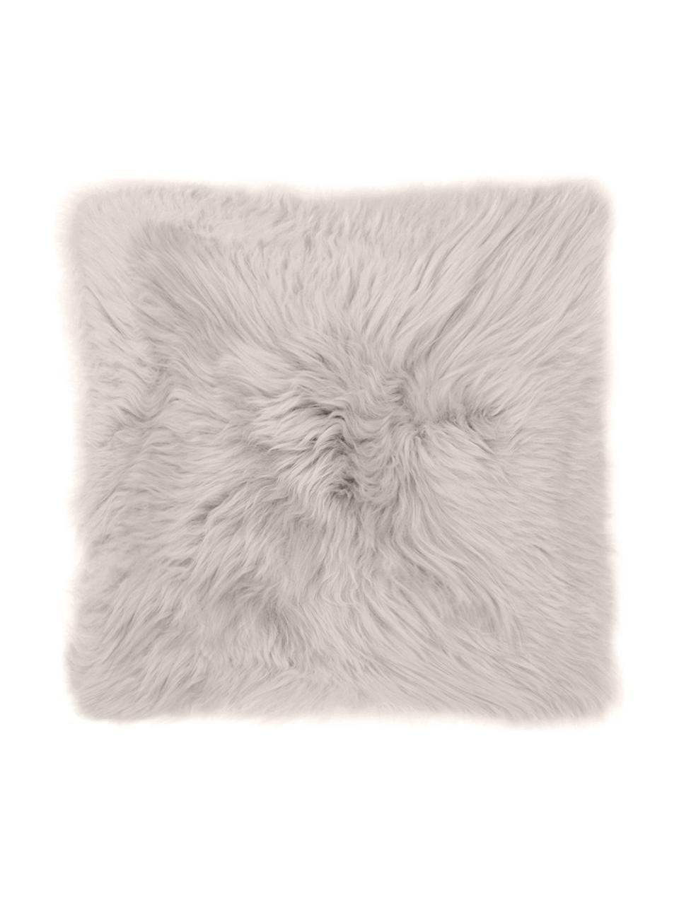 Funda de cojín de piel de oveja Oslo, Parte delantera: 100% piel de oveja, Parte trasera: lino, Beige, gris claro, An 40 x L 40 cm
