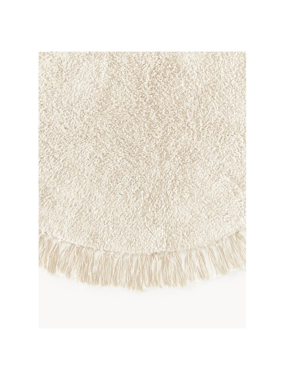 Runder Baumwollteppich Daya mit Fransen, handgetuftet, Flor: 100 % Baumwolle, Beige, Weiß, Ø 200 cm (Größe L)