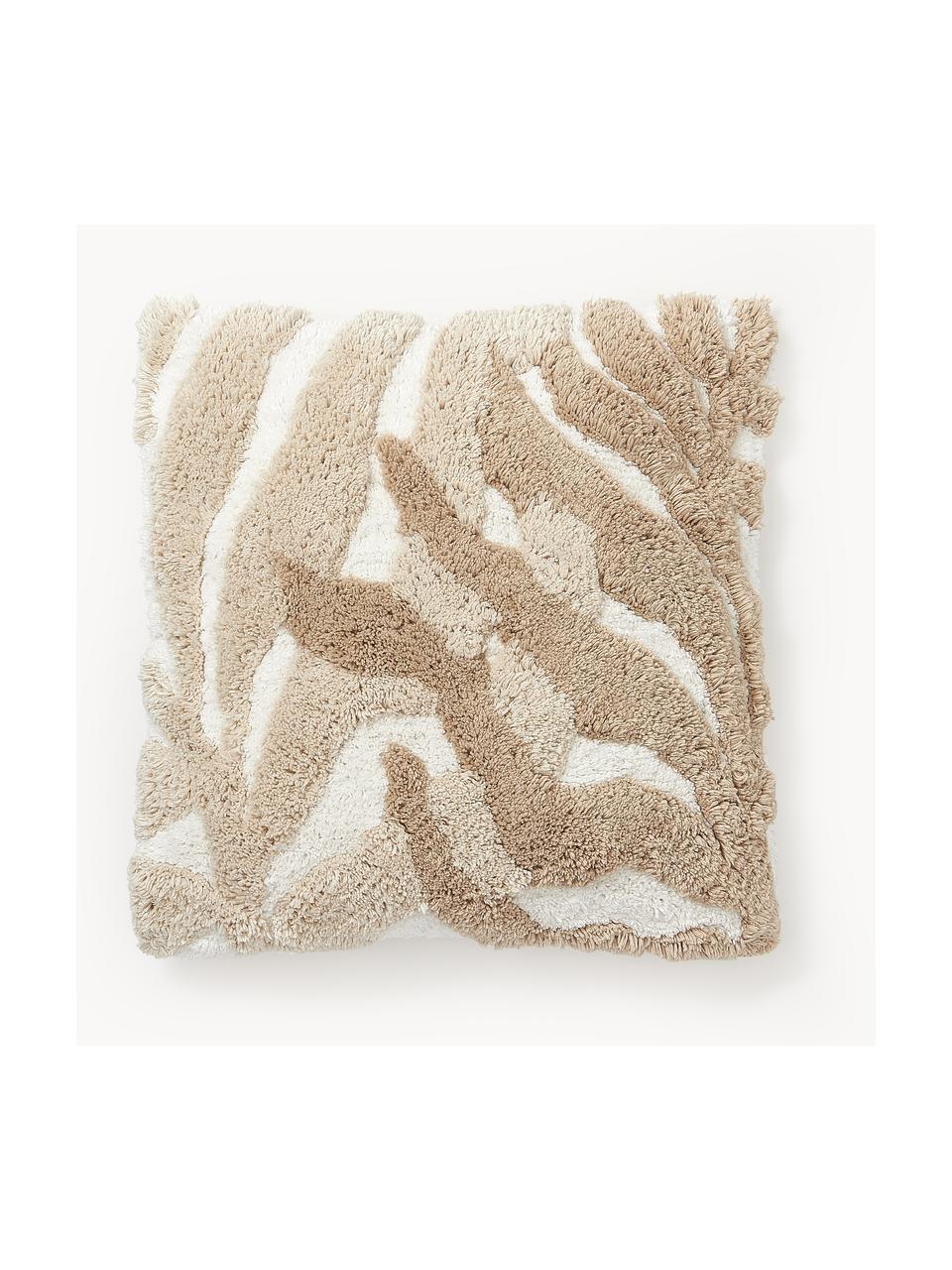 Housse de coussin 45x45 motif végétal tufté Sela, 100 % coton bio, Beige, blanc crème, larg. 45 x long. 45 cm