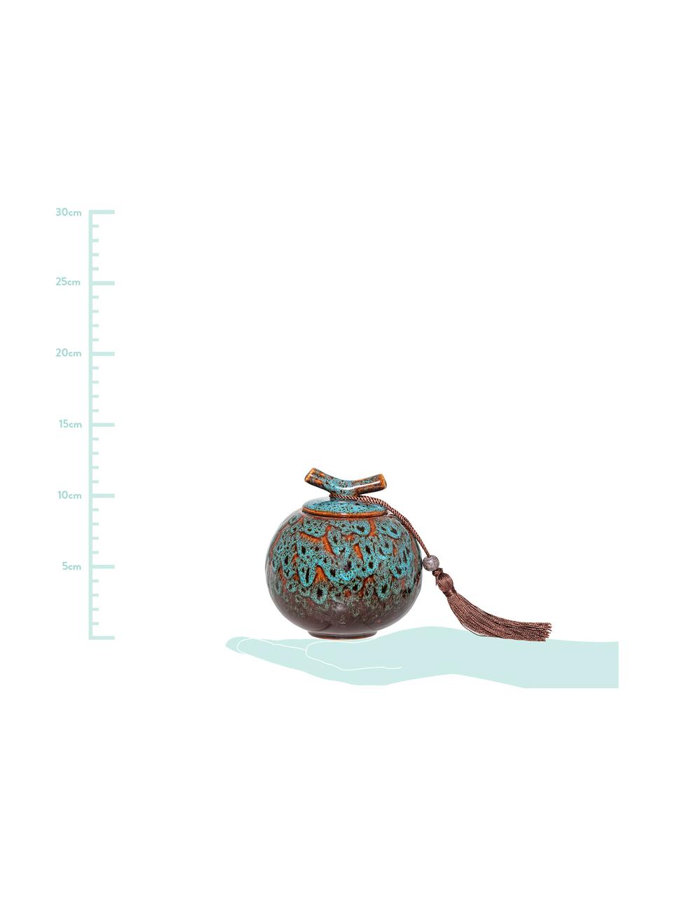 Contenitore con coperchio Ebba, Contenitore: gres, Tonalità turchesi, tonalità marroni Nappa: marrone rossiccio, Ø 11 x Alt. 13 cm