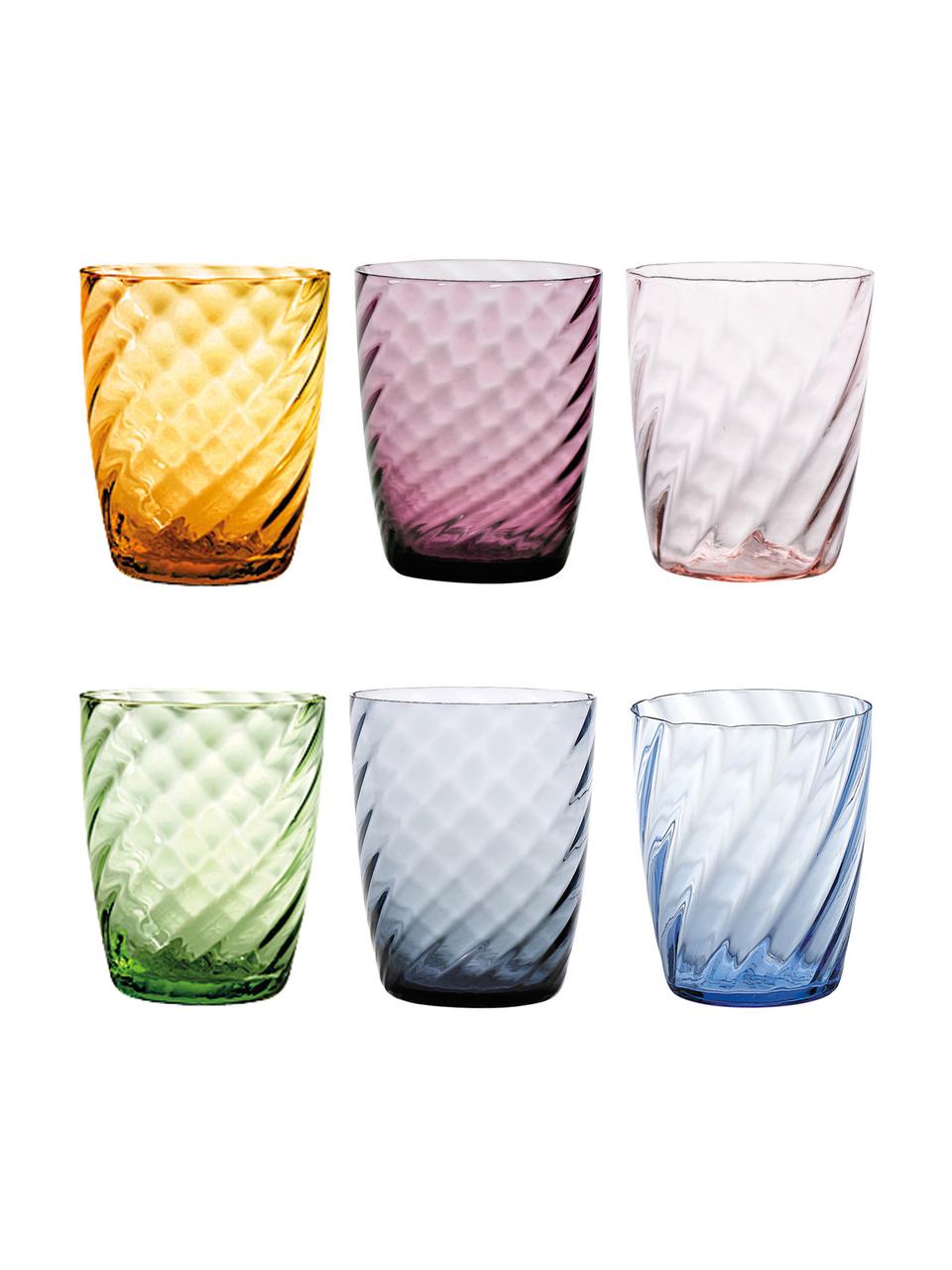 Mondgeblazen waterglazen Torson in kleur met reliëf, 6-delig, Glas, Multicolour, Ø 8 x H 10 cm