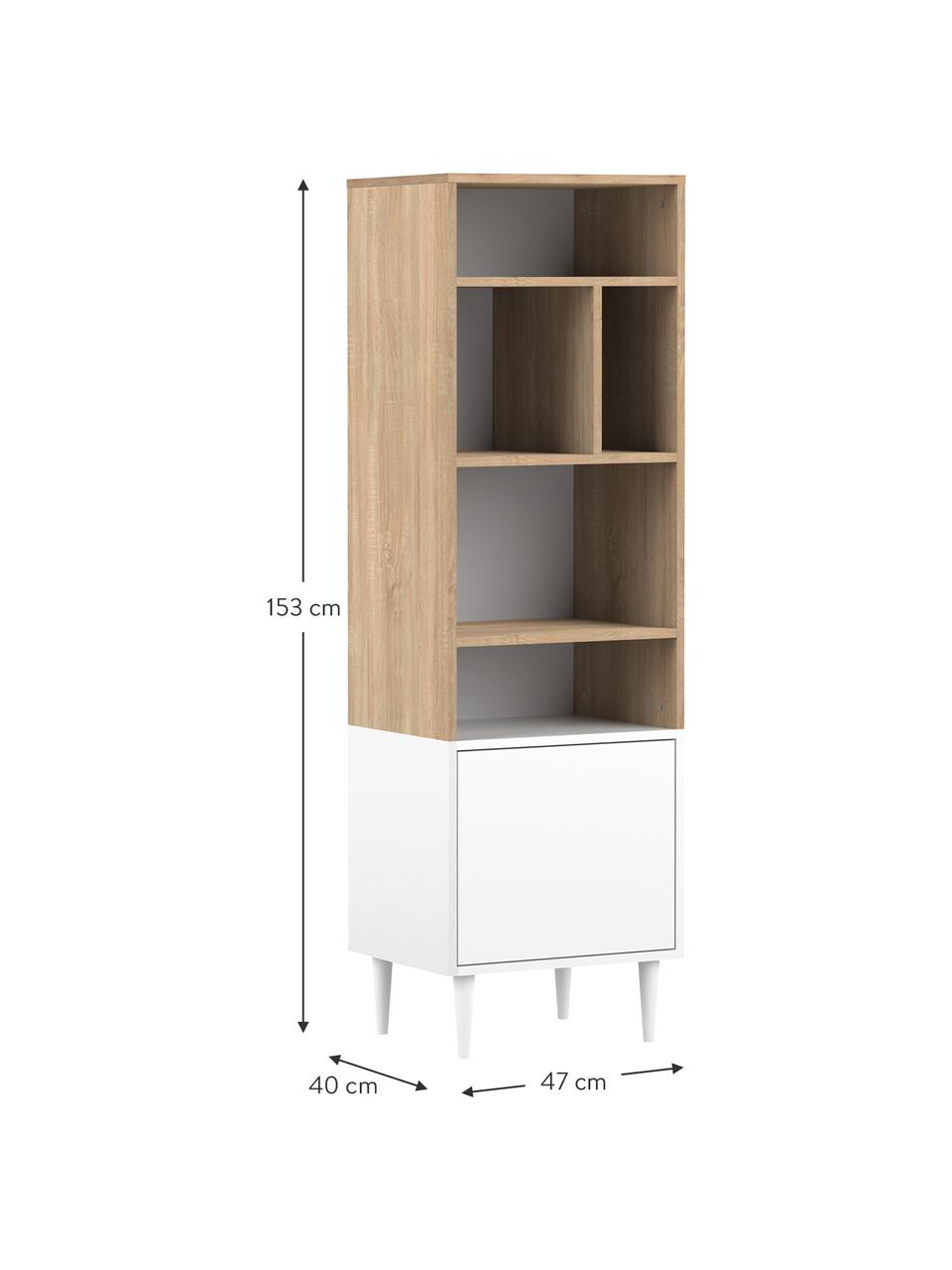 Libreria in design scandinavo con effetto legno di quercia Horizon, Piedini: legno di faggio, massicci, Legno di quercia, bianco, Larg. 47 x Alt. 153 cm