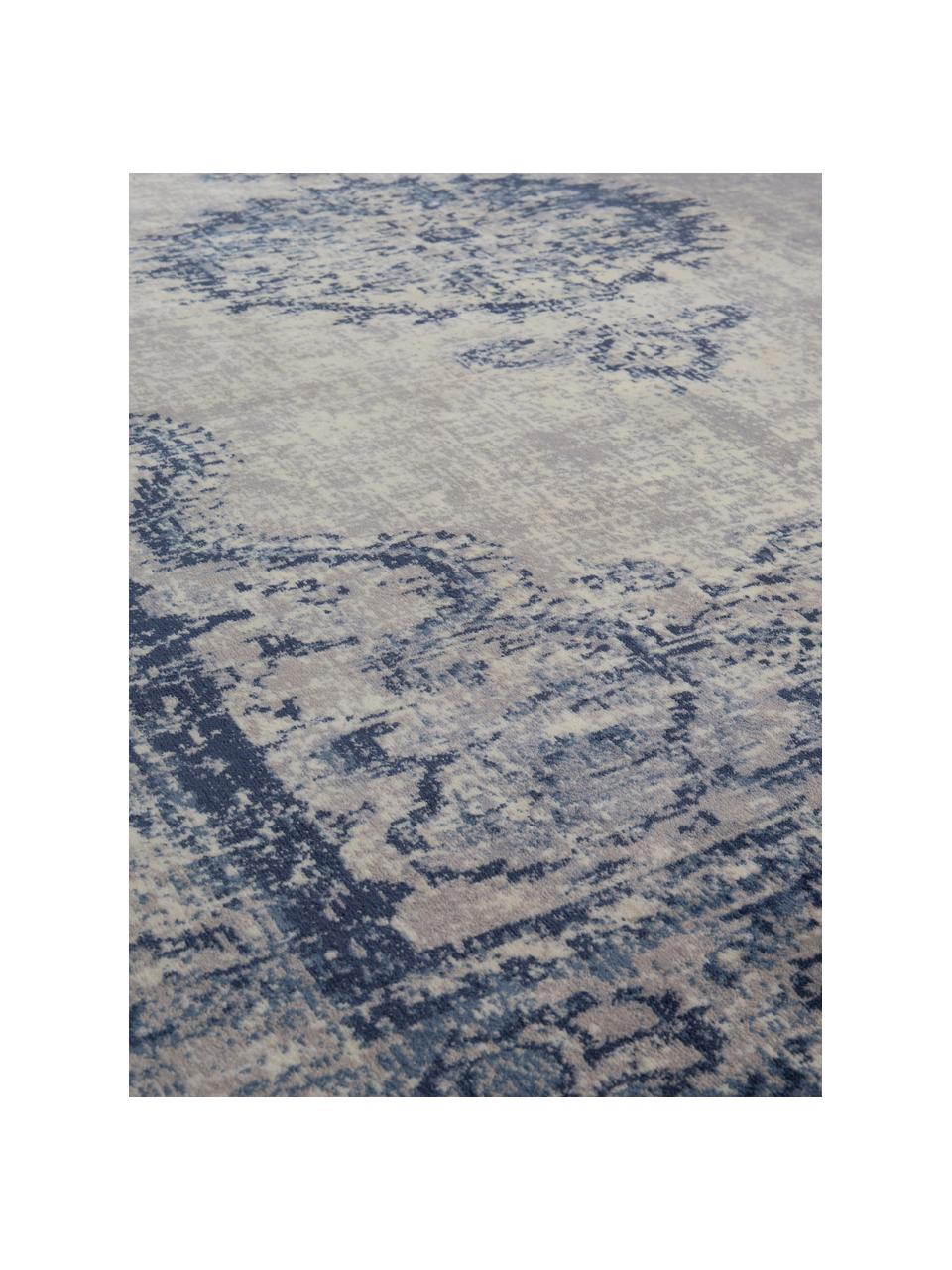 Alfombra con flecos Marvel, estilo vintage, Parte superior: 66% viscosa, 25% algodón,, Reverso: 100% poliéster con revest, Azul y beige, An 175 x L 240 cm (Tamaño M)