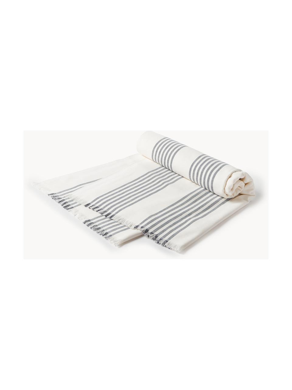 Telo fouta con frange Aren, Blu scuro, bianco latte, Larg. 100 x Lung. 180 cm