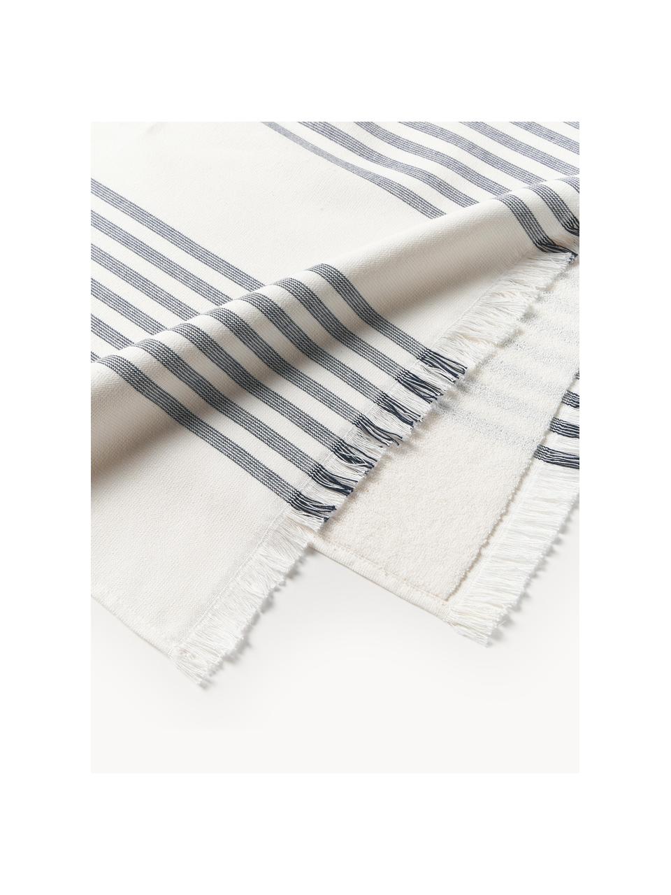 Fouta con flecos Aren, Azul oscuro, blanco Off White, An 100 x L 180 cm