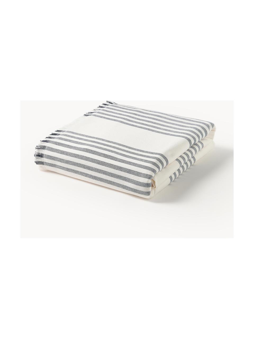 Fouta con flecos Aren, Azul oscuro, blanco Off White, An 100 x L 180 cm