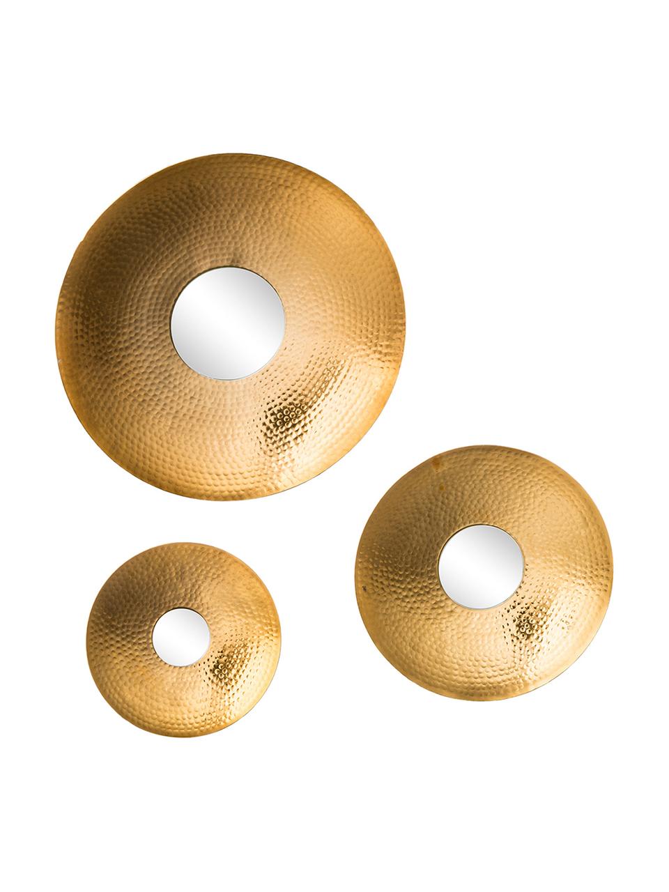 Rundes Wandspiegel-Set Eyes mit goldenem Aluminiumrahmen, 3-tlg, Rahmen: Aluminium, gehämmert und , Spiegelfläche: Spiegelglas, Goldfarben, Set mit verschiedenen Größen