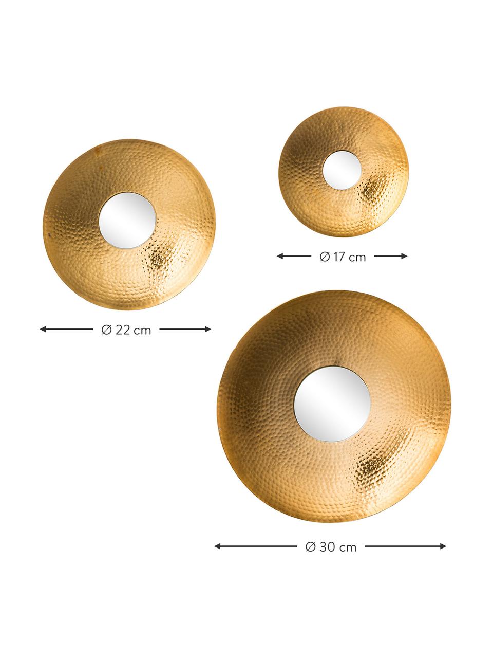 Komplet okrągłych luster ściennych z aluminiową ramą Eyes, 3 elem., Odcienie złotego, Komplet z różnymi rozmiarami