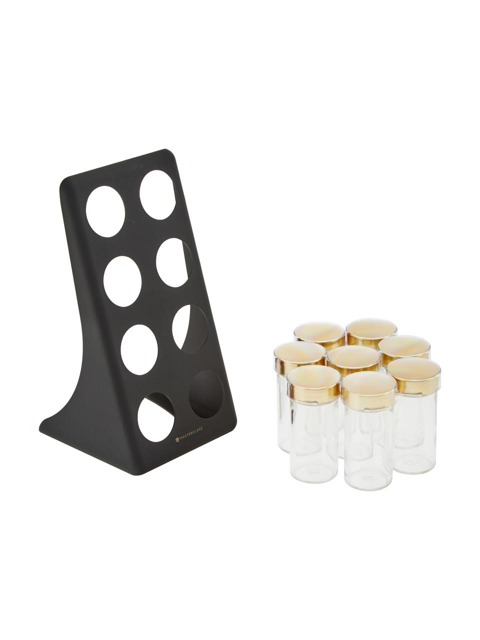 Gewürzregal Master Class mit Gewürzdosen, 9er-Set, Halterung: Kunststoff, Behälter: Glas, Metall, beschichtet, Schwarz, Messingfarben, B 13 x H 26 cm