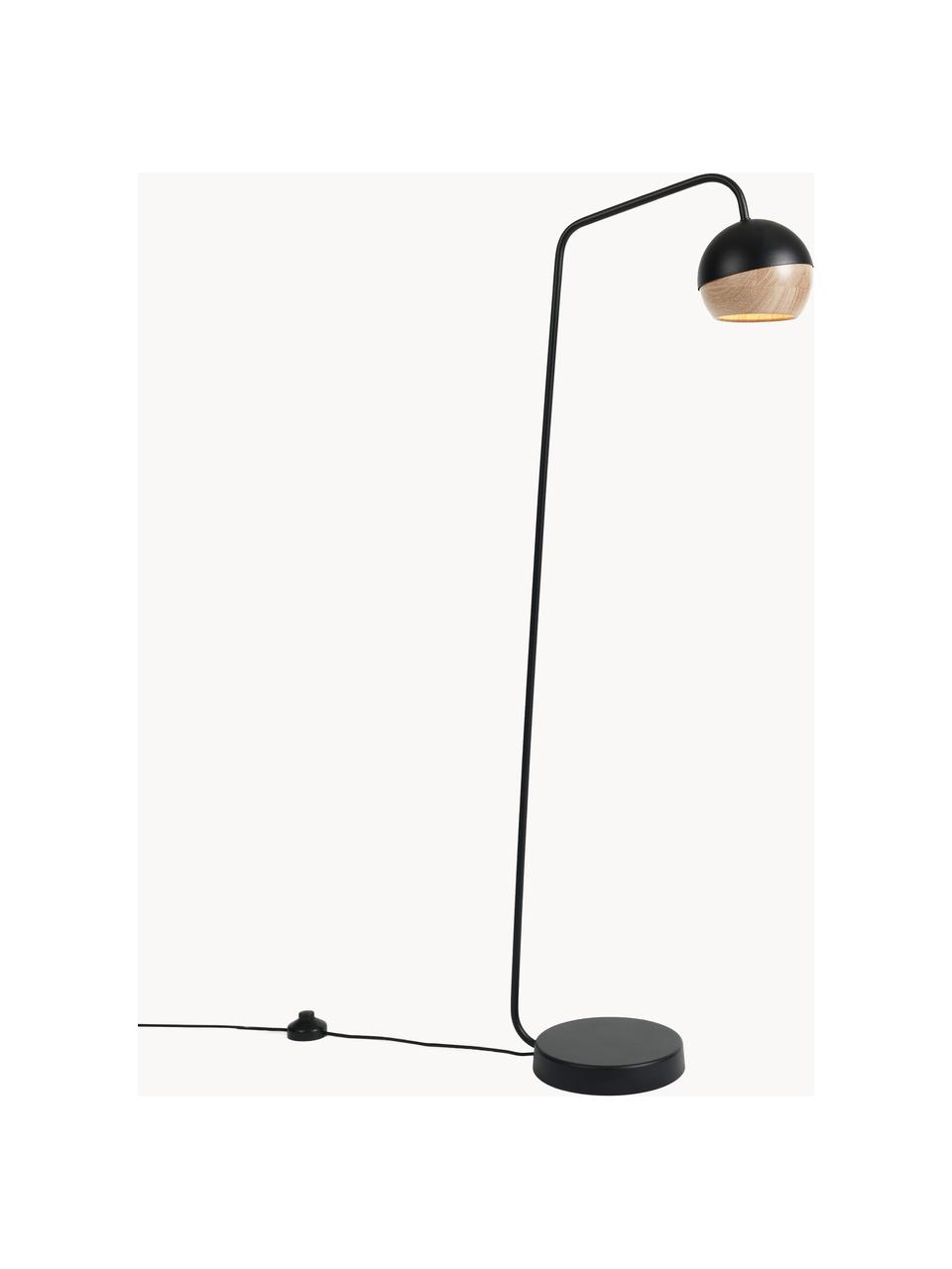 Lámpara de pie pequeña Ray, Pantalla: madera de roble con certi, Estructura: acero pintado, Cable: cubierto en tela, Negro, Al 127 cm