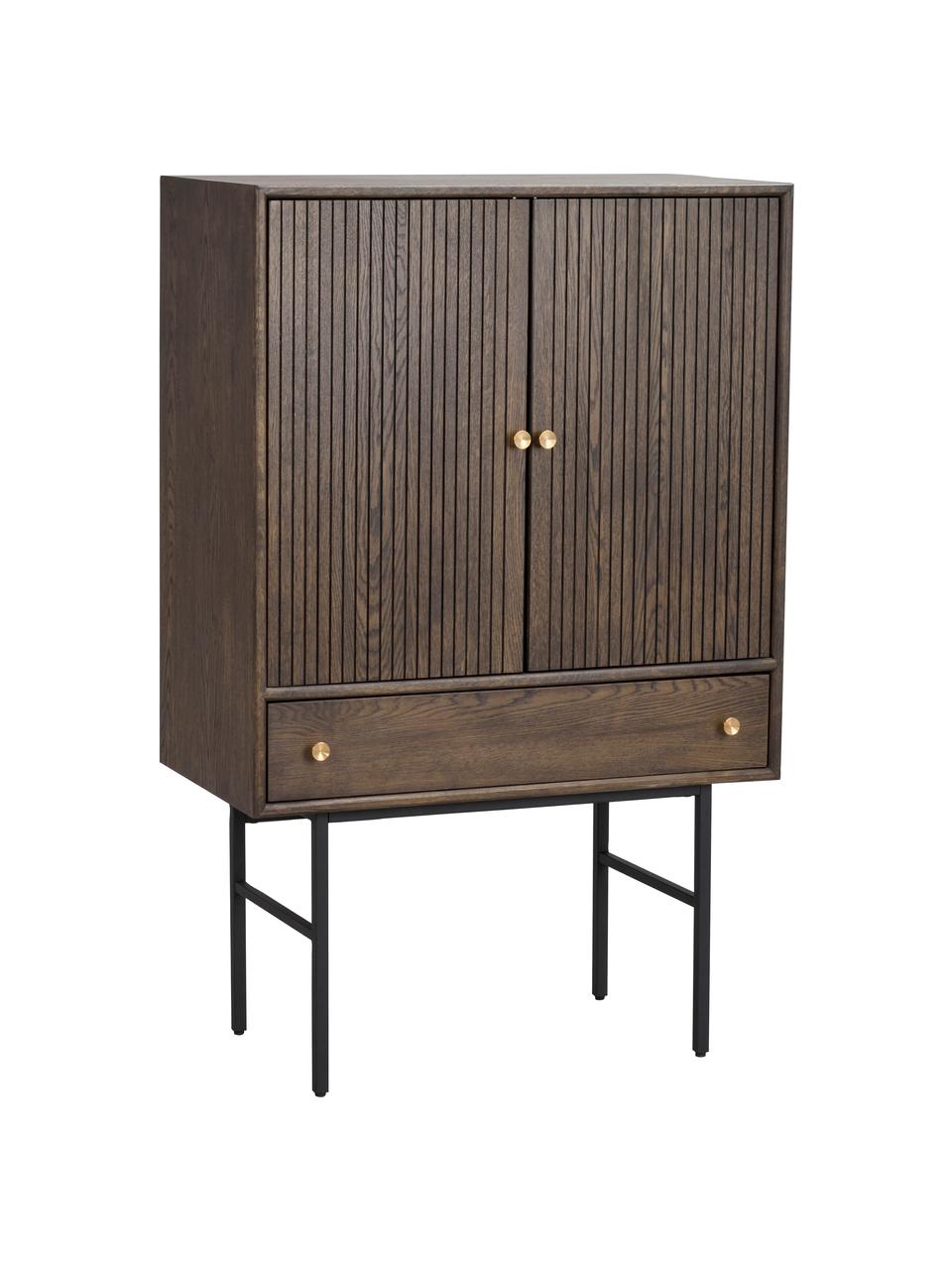 Credenza alta con frontale scanalato Clearbrook, Gambe: metallo verniciato a polv, Marrone, nero, Larg. 79 x Alt. 125 cm