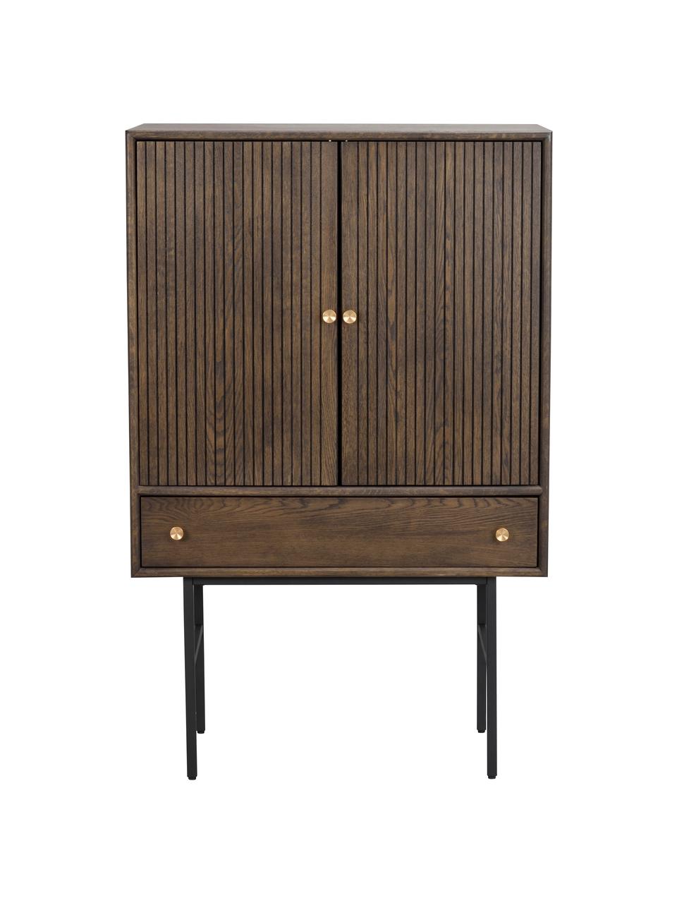 Credenza alta con frontale scanalato Clearbrook, Gambe: metallo verniciato a polv, Marrone, nero, Larg. 79 x Alt. 125 cm