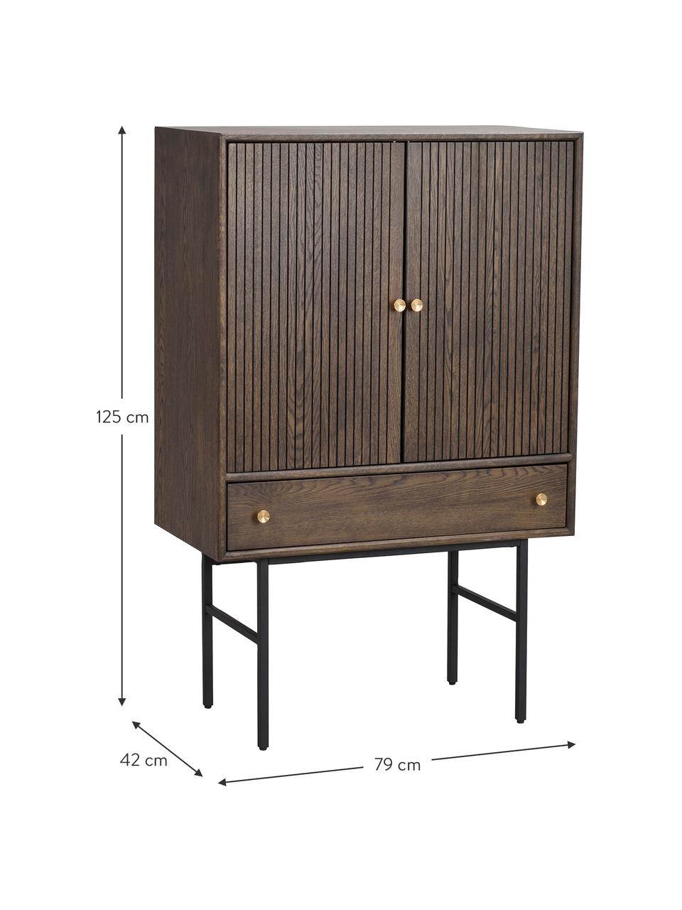 Credenza alta con frontale scanalato Clearbrook, Gambe: metallo verniciato a polv, Marrone, nero, Larg. 79 x Alt. 125 cm