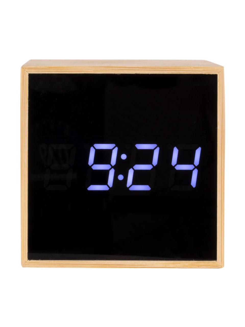 Mini sveglia a LED in legno di bambù Cube, Marrone chiaro, nero, blu, Larg. 6 x Alt. 6 cm