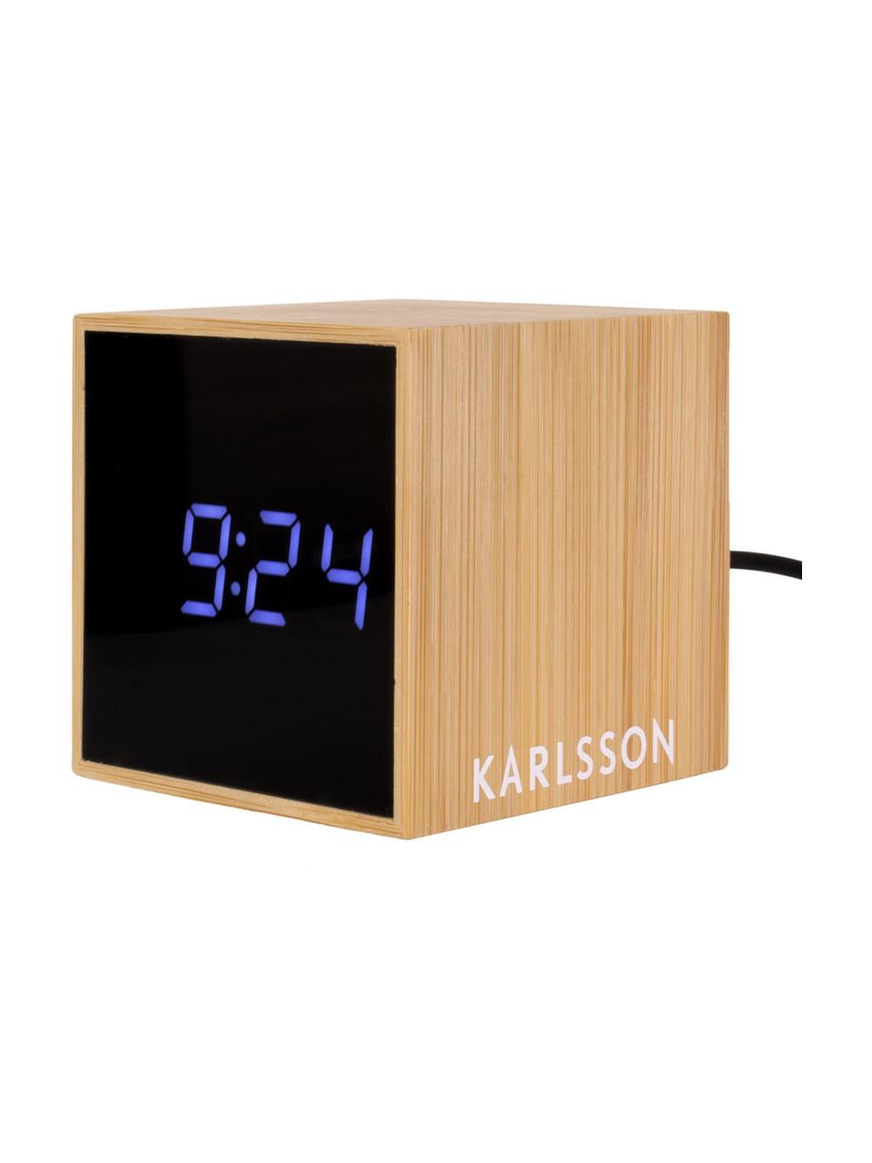 Budzik LED z drewna bambusowego Mini Cube, Jasny brązowy, czarny, niebieski, S 6 x W 6 cm