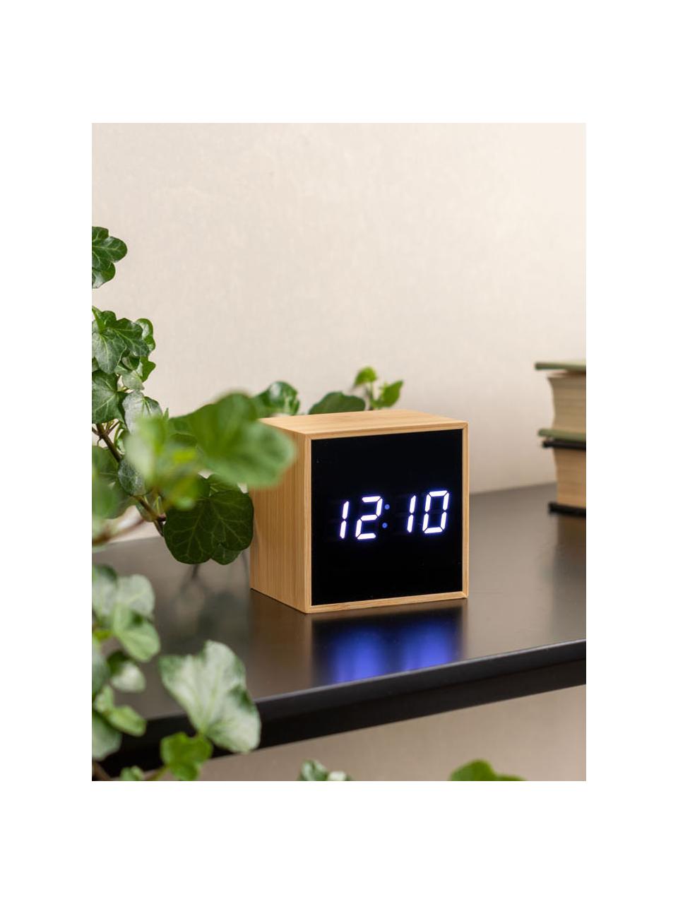 Budzik LED z drewna bambusowego Mini Cube, Jasny brązowy, czarny, niebieski, S 6 x W 6 cm