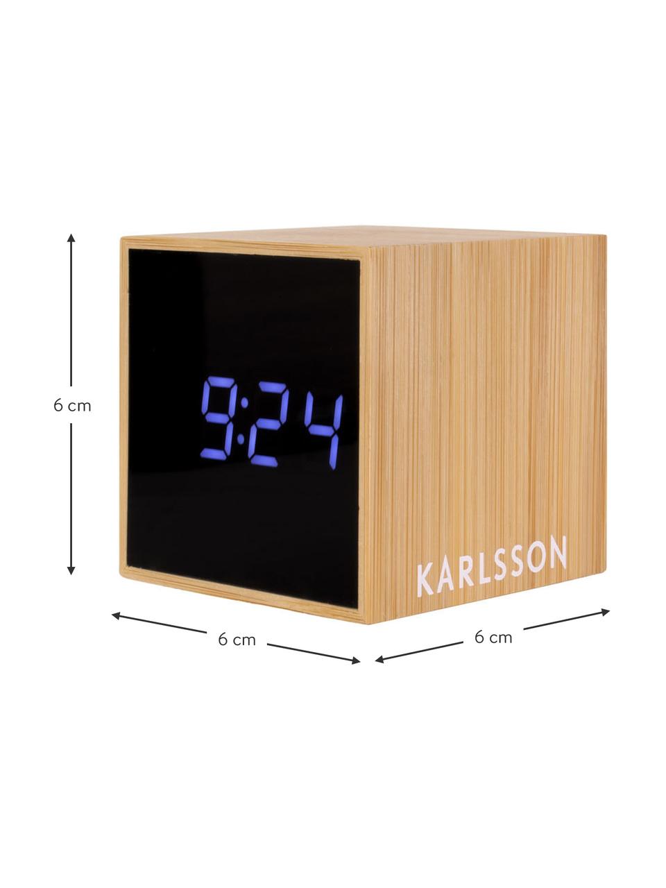 Réveil LED en bois de bambou Mini Cube, Brun clair noir, bleu, larg. 6 x haut. 6 cm