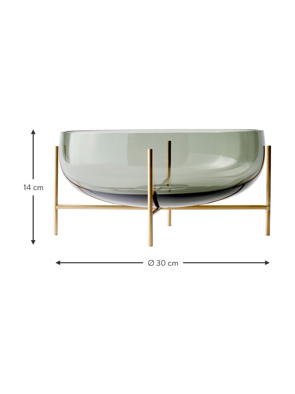 Design Dekoschale Échasse Ø 30 cm, Schale: Glas, mundgeblasen, Gestell: Messing, Grün, Goldfarben, Ø 30 x H 14 cm