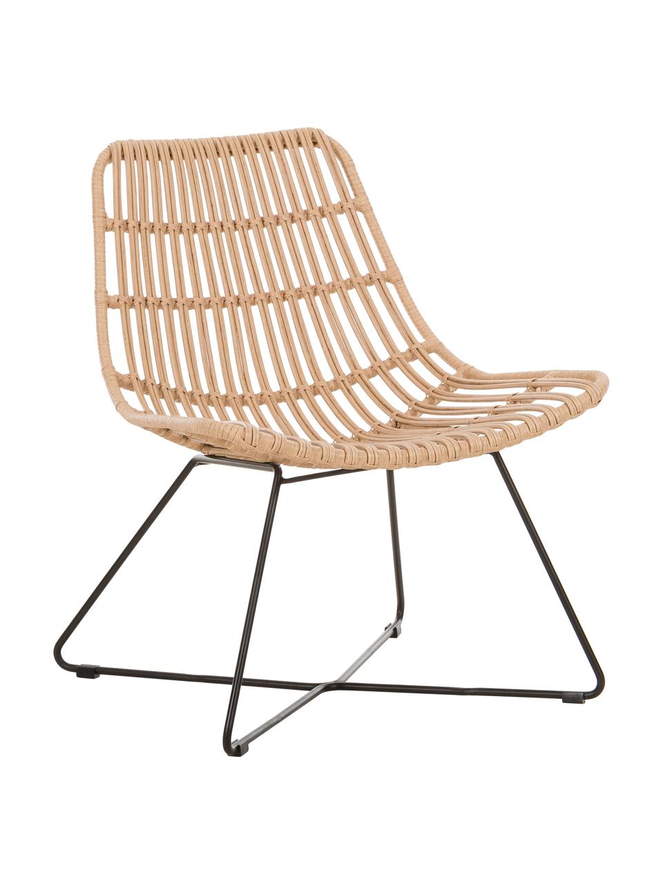 Polyrotan lounge fauteuil Costa in lichtbruin, Zitvlak: polyethyleen-vlechtwerk, Frame: gepoedercoat metaal, Lichtbruin, zwart, B 64 x D 64 cm