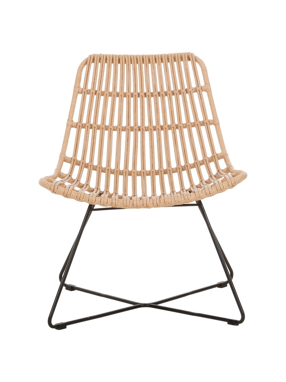 Polyrotan lounge fauteuil Costa in lichtbruin, Zitvlak: polyethyleen-vlechtwerk, Frame: gepoedercoat metaal, Lichtbruin, zwart, B 64 x D 64 cm