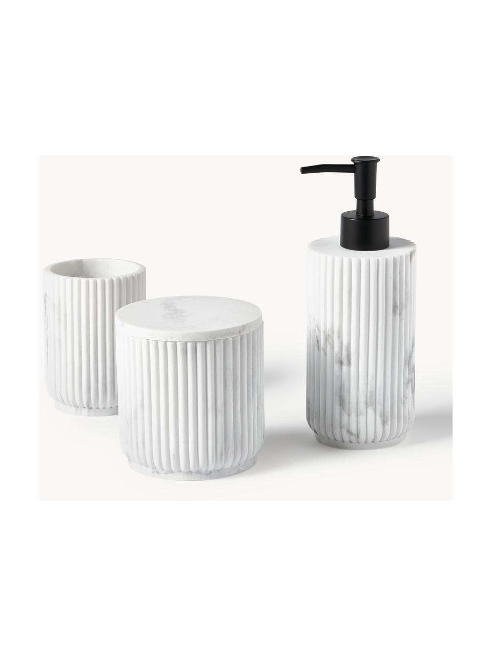Set de accesorios de baño Kacie, 3 pzas., Dosificador: plástico, Blanco en look mármol, Set de diferentes tamaños