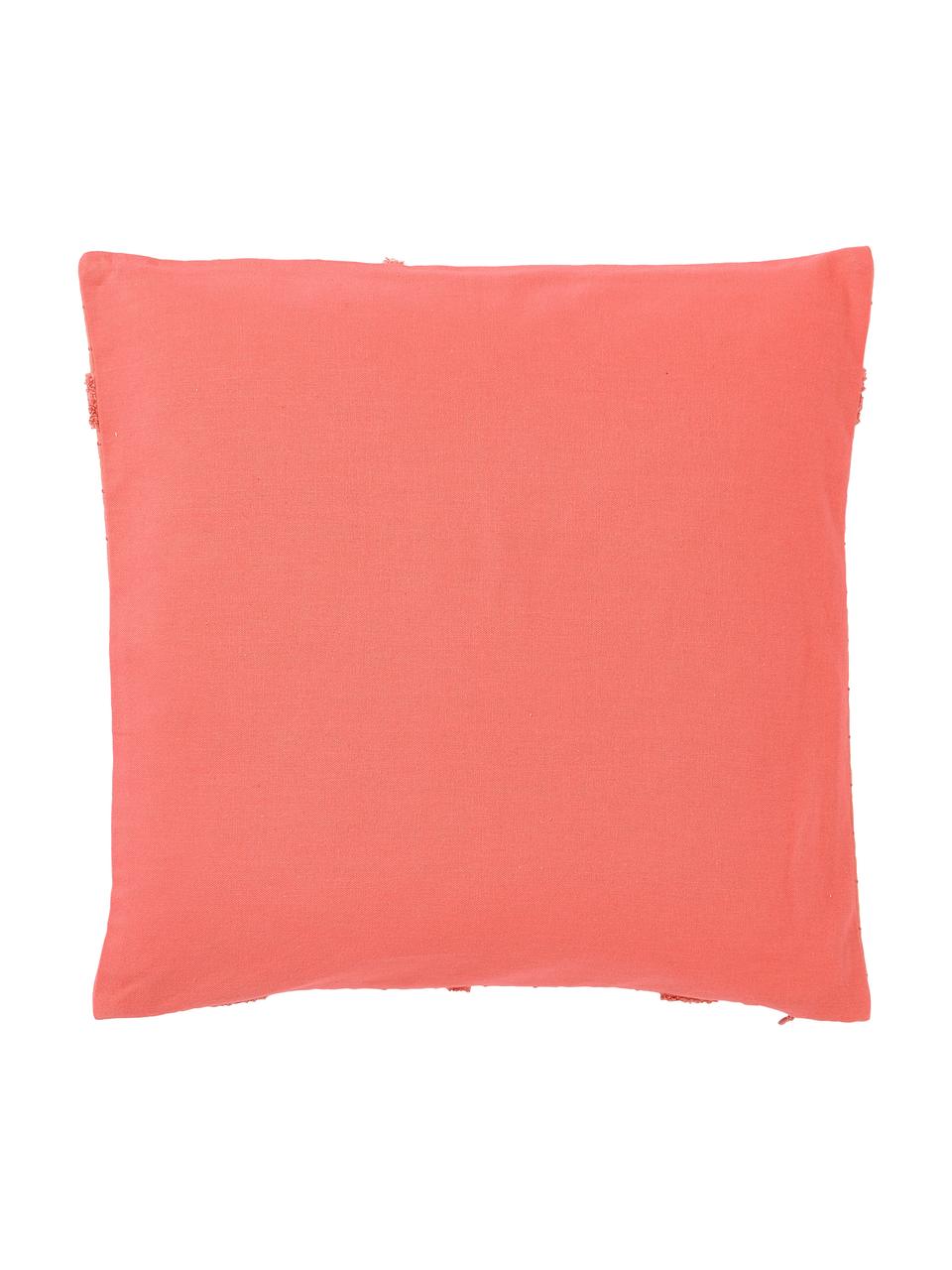 Housse de coussin à carreaux et détails décoratifs Wade, 100 % coton, Corail, larg. 40 x long. 40 cm