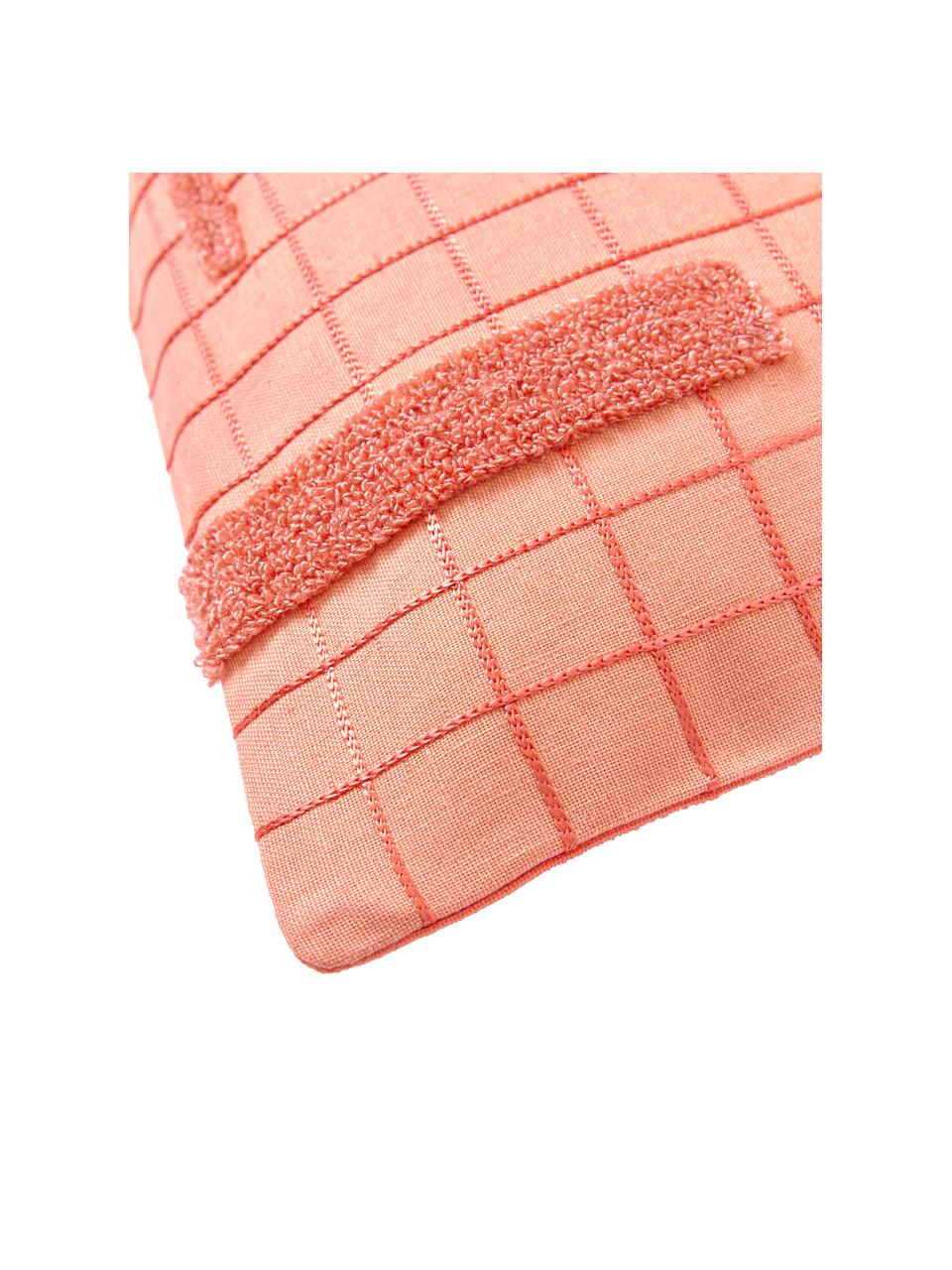 Housse de coussin à carreaux et détails décoratifs Wade, 100 % coton, Corail, larg. 40 x long. 40 cm