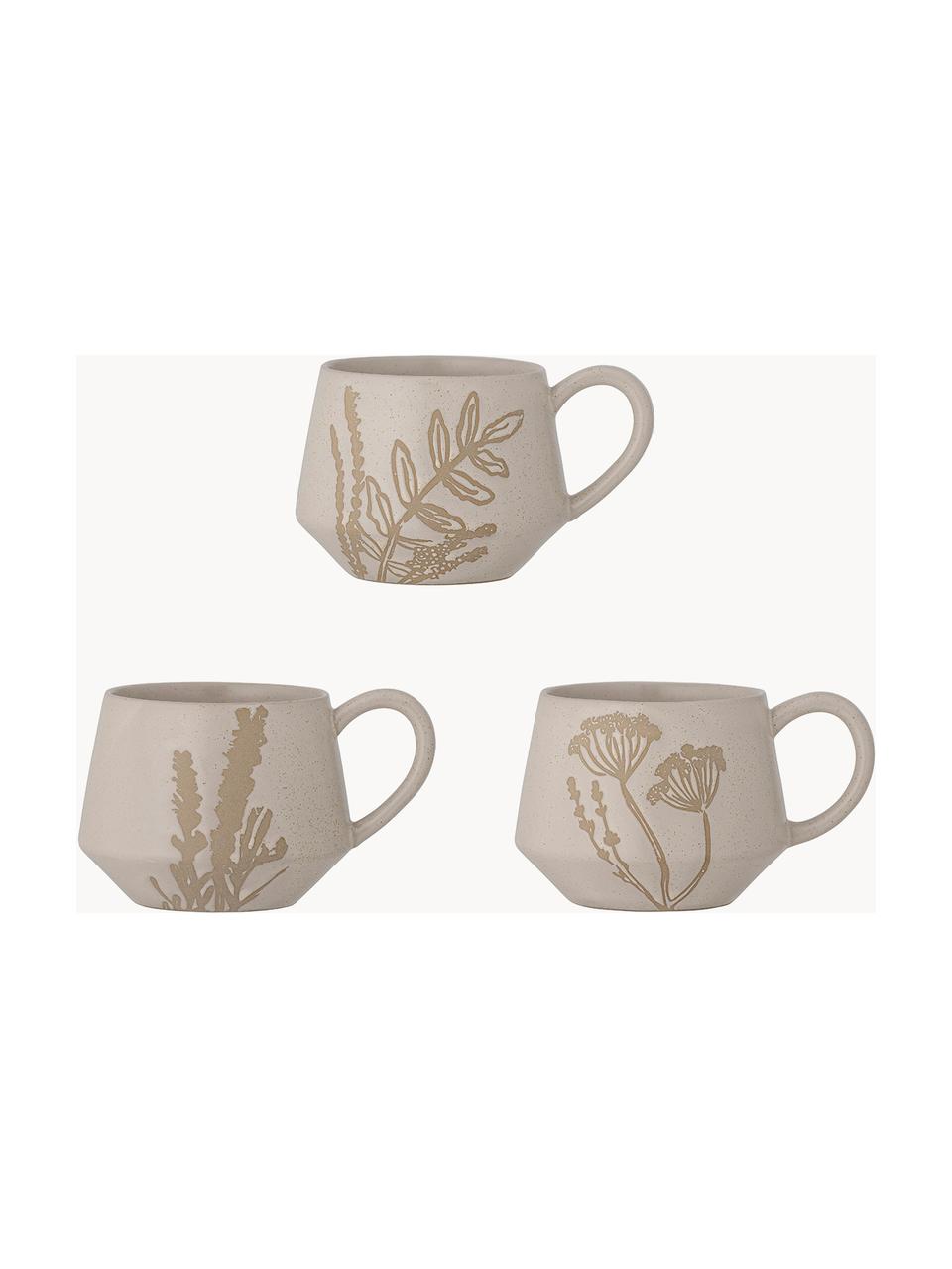 Handgemaakte mokken Primrose met bloemenmotief, set van 3, Keramiek, Beige, Ø 11 x H 8 cm, 380 ml