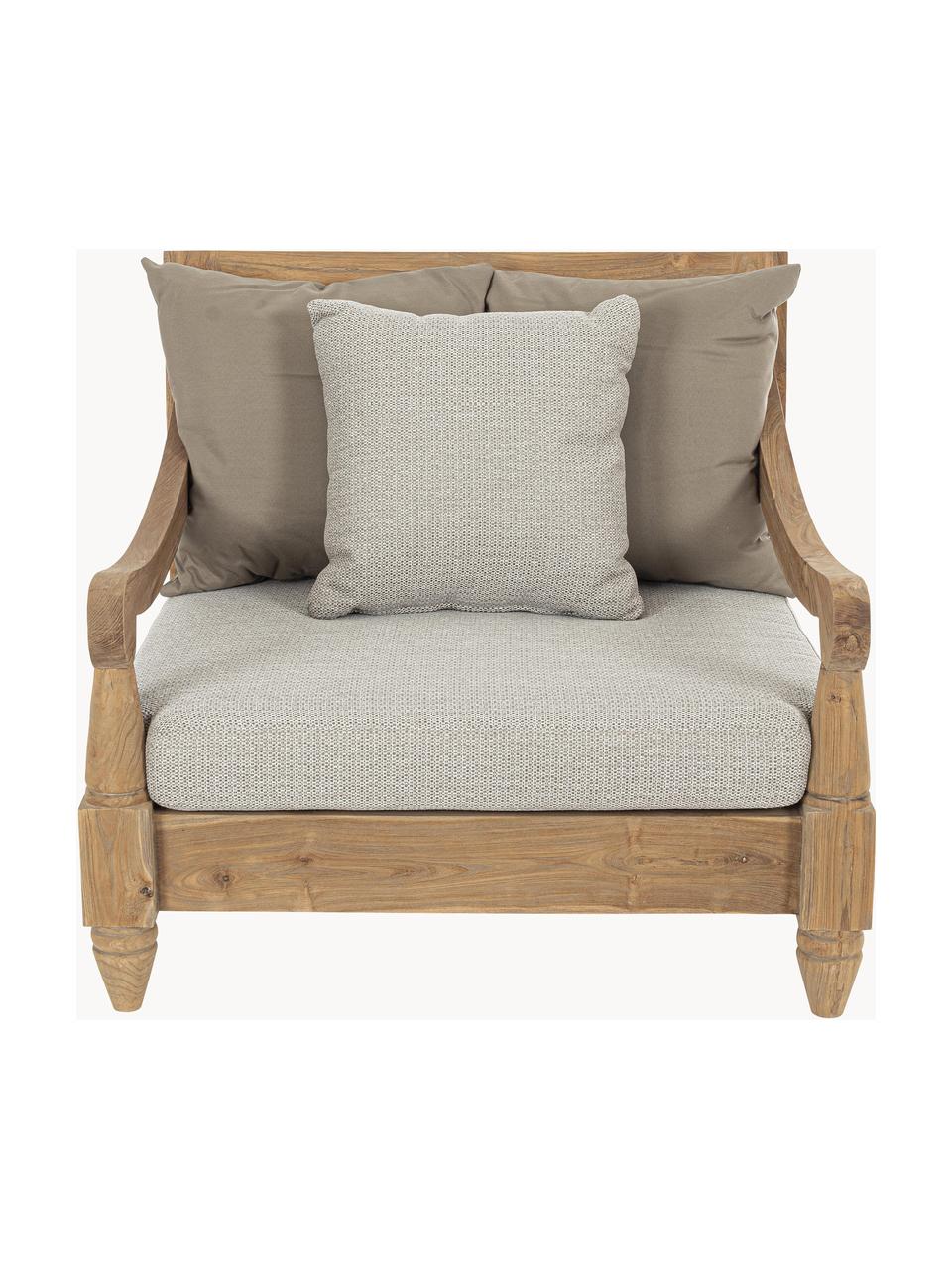 Fauteuil lounge de jardin en teck Bali, Tissu grège, bois de teck, larg. 90 x prof. 90 cm