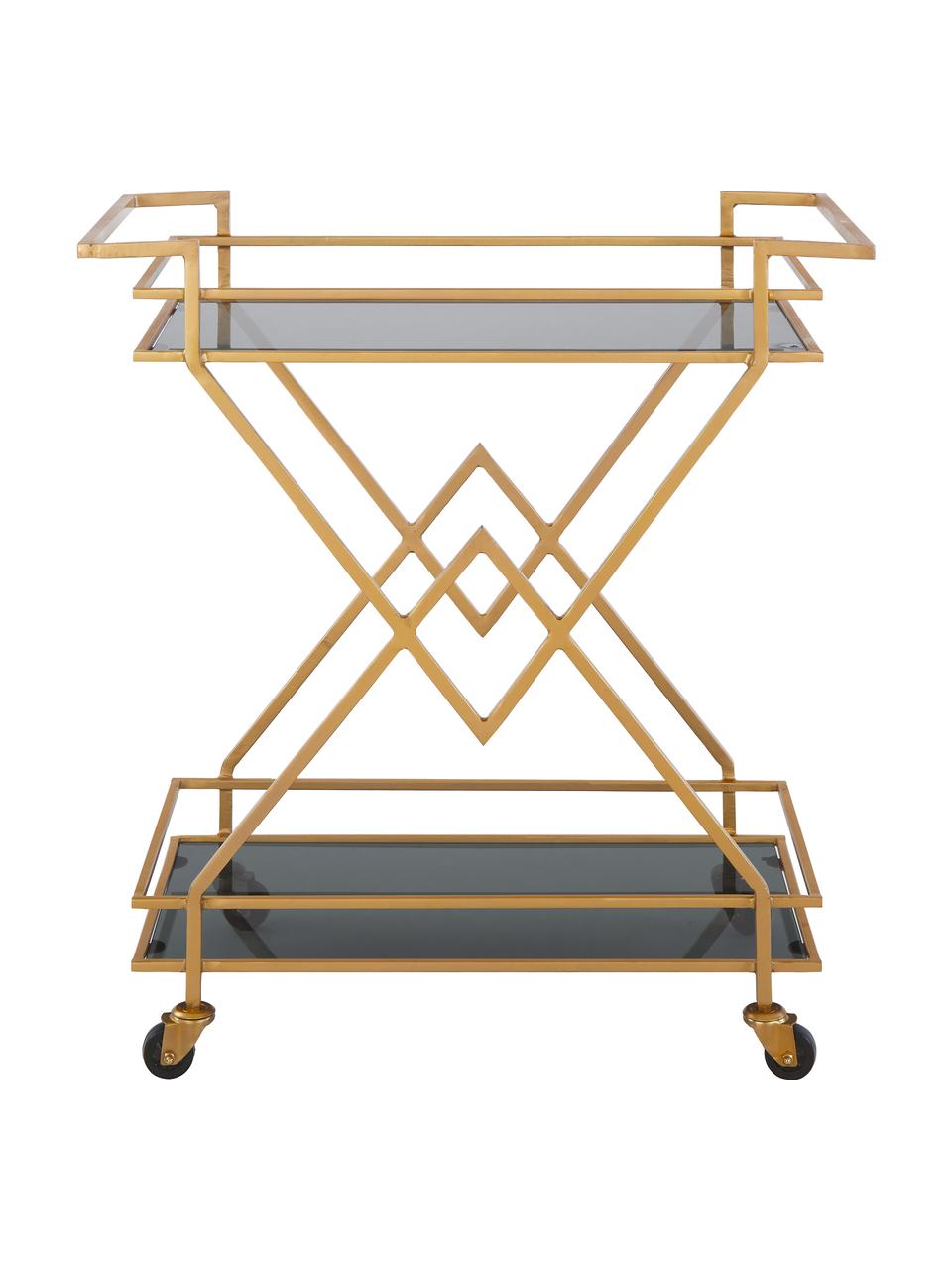 Bar cart Ben met antieke afwerking, Plateaus: getint glas, Frame: gelakt metaal, Wieltjes: kunststof, Goudkleurig, B 76 x H 80 cm