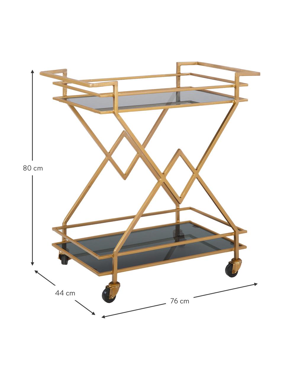 Bar cart Ben met antieke afwerking, Plateaus: getint glas, Frame: gelakt metaal, Wieltjes: kunststof, Goudkleurig, B 76 x H 80 cm