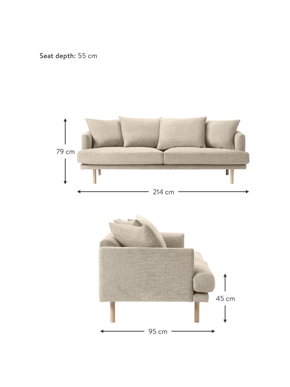 Divano 2 posti Adrian, Rivestimento: 47% viscosa, 23% cotone, , Struttura: compensato, Piedini: legno di quercia oliato, Tessuto beige scuro, Larg. 214 x Alt. 79 cm