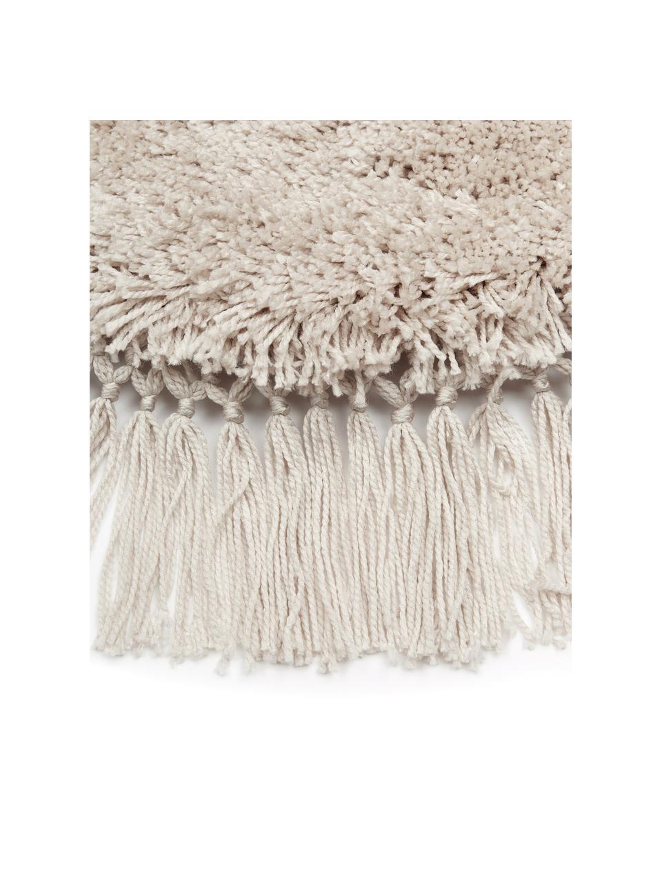 Pluizig rond hoogpolig vloerkleed Dreamy met franjes, Onderzijde: 100% wol, gerecycled Het , Beige, Ø 150 cm (maat M)