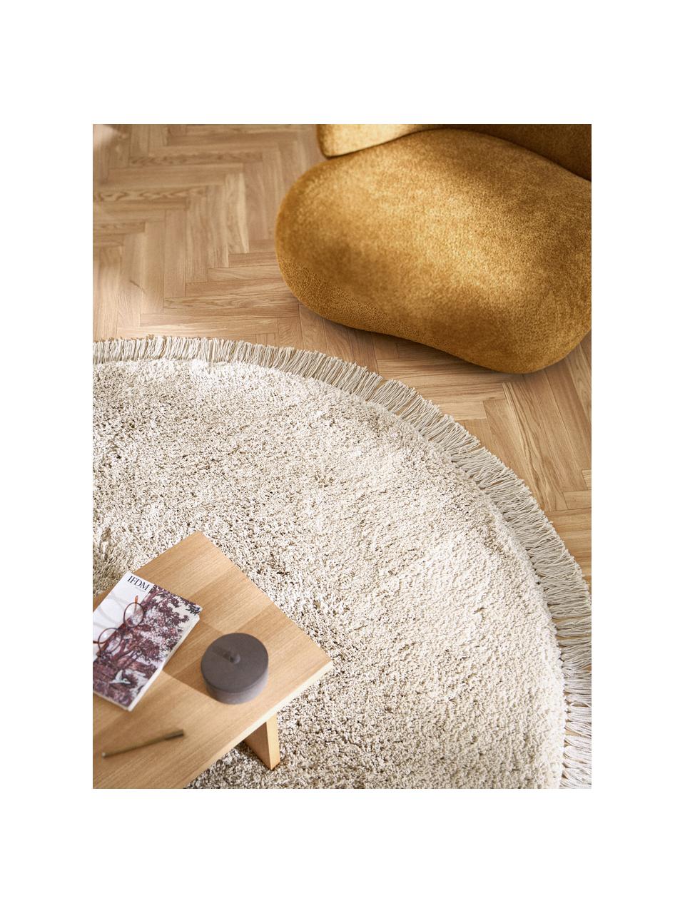 Nadýchaný kulatý koberec s vysokým vlasem a třásněmi Dreamy, Béžová, Ø 150 cm (velikost M)