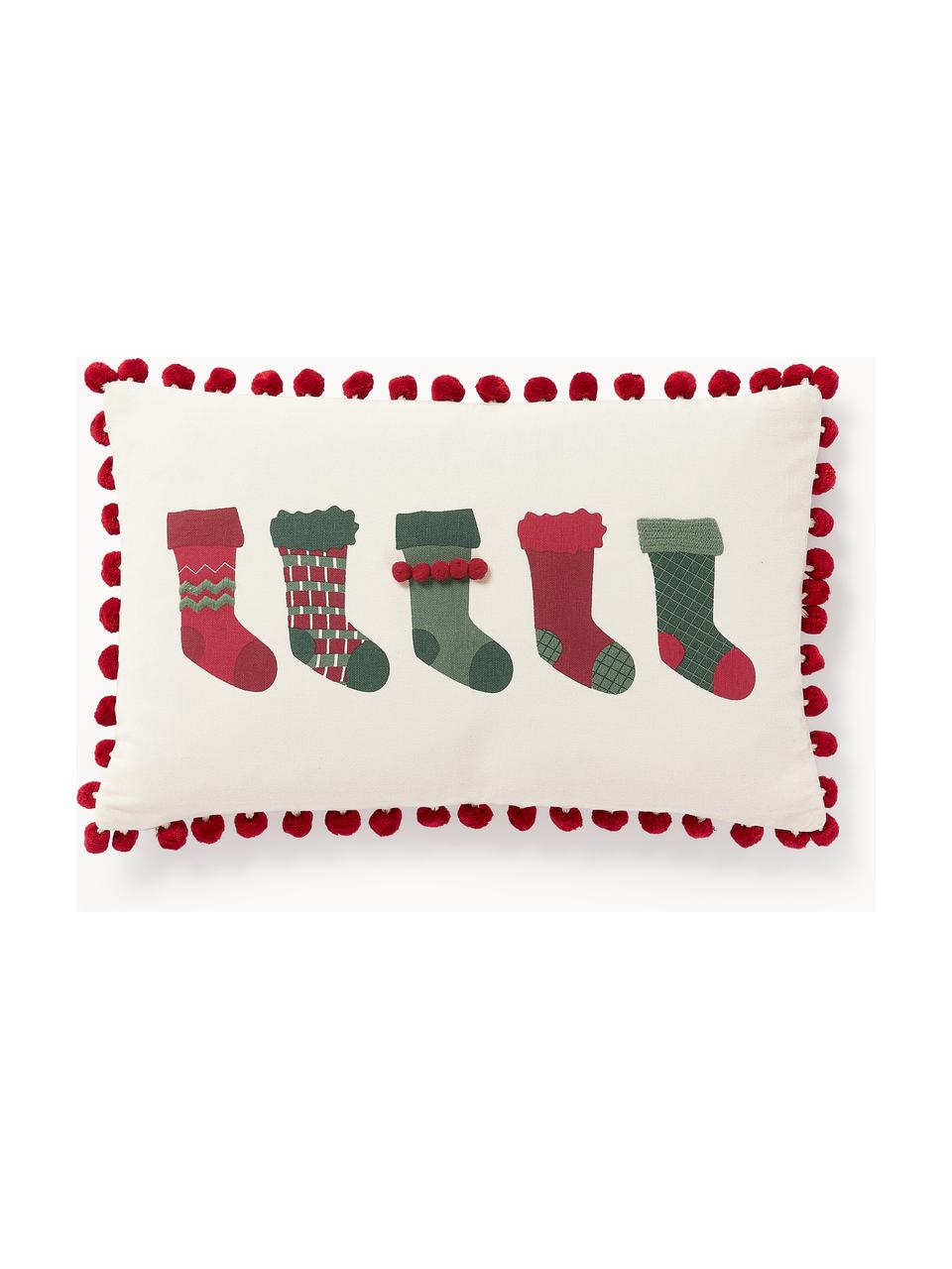 Housse de coussin rectangulaire avec pompons Coldin, 100 % coton, Vert foncé, rouge, blanc cassé, larg. 30 x long. 50 cm