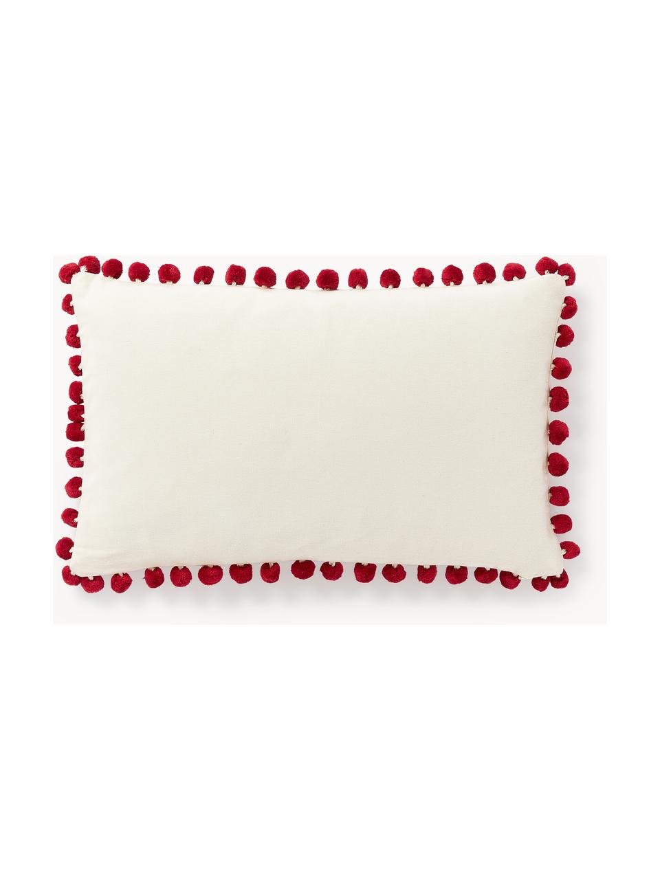 Housse de coussin avec motif hivernal et pompons Coldin, 100 % coton, Vert foncé, rouge, blanc cassé, larg. 30 x long. 50 cm