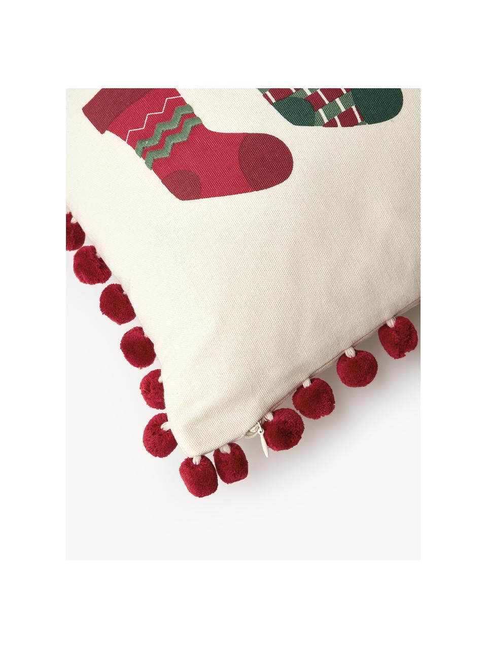 Housse de coussin avec motif hivernal et pompons Coldin, 100 % coton, Vert foncé, rouge, blanc cassé, larg. 30 x long. 50 cm