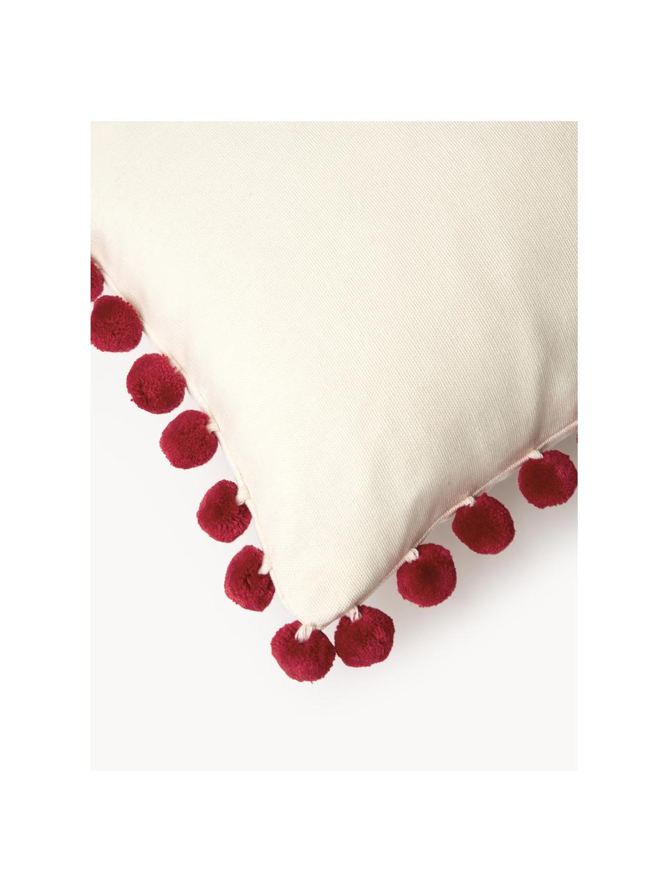 Housse de coussin avec motif hivernal et pompons Coldin, 100 % coton, Vert foncé, rouge, blanc cassé, larg. 30 x long. 50 cm