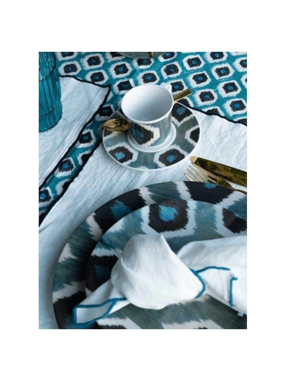 Plato postre artesanal de porcelana Ikat, Porcelana, Azul petróleo, negro, blanco, Ø 21 cm