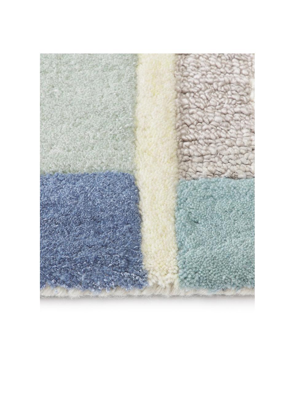 Alfombra artesanal de lana texturizada Pierre, Parte superior: 58% lana, 42% viscosa, Reverso: 100% algodón Las alfombra, Azul, gris claro, blanco crema, An 80 x L 150 cm (Tamaño XS)