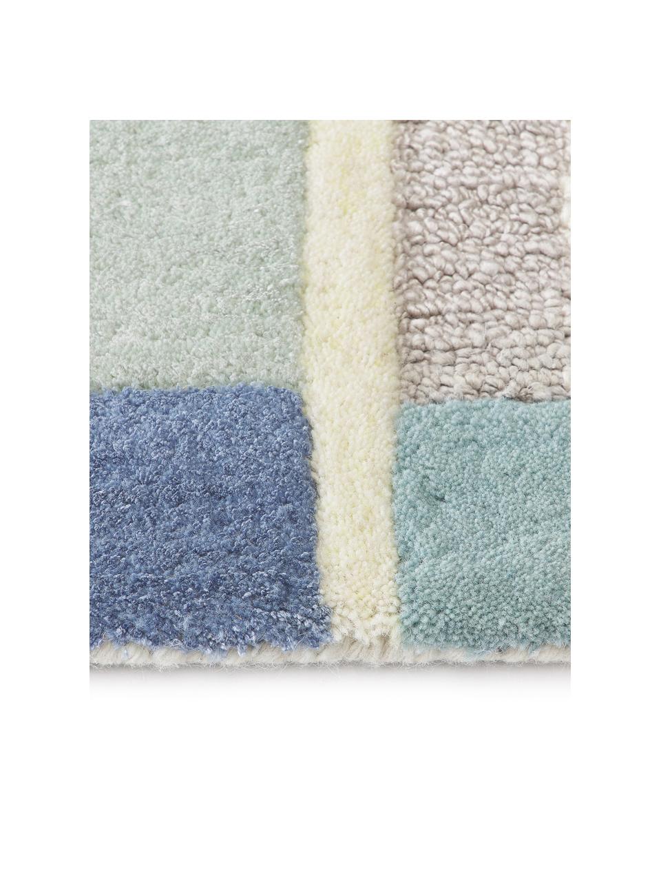 Handgetufteter Wollteppich Pierre mit Hoch-Tief-Struktur, Flor: 58 % Wolle, 42 % Viskose, Blautöne, Cremeweiß, B 200 x L 300 cm (Größe L)
