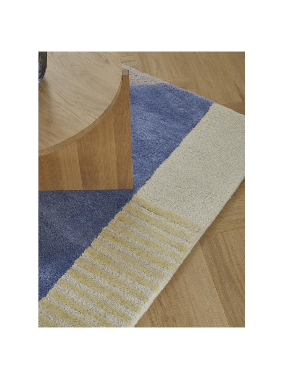 Alfombra artesanal de lana texturizada Pierre, Parte superior: 58% lana, 42% viscosa, Reverso: 100% algodón Las alfombra, Tonos azules, blanco crema, An 160 x L 230 cm (Tamaño M)