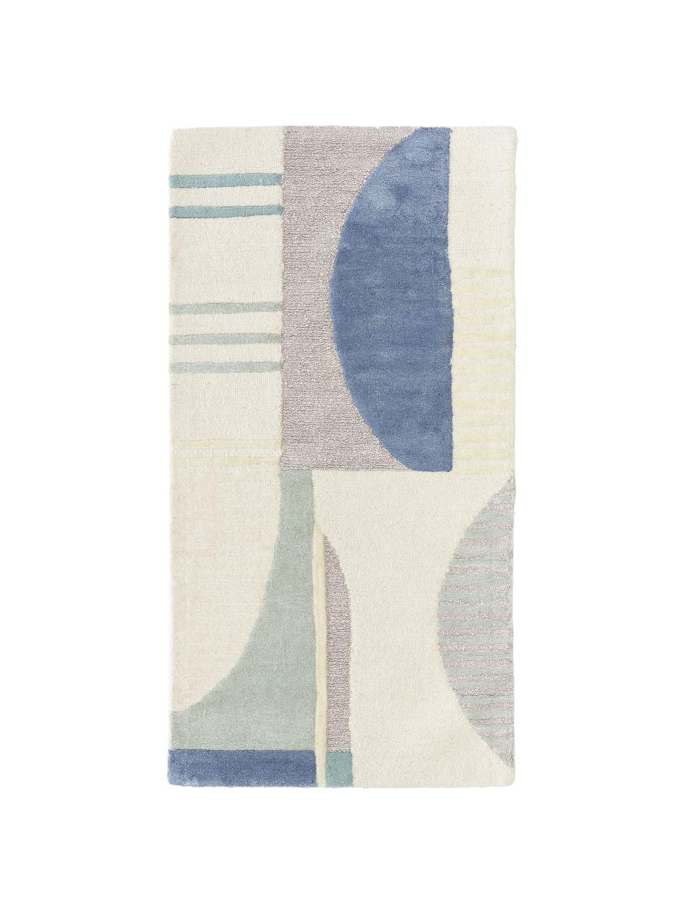 Alfombra artesanal de lana texturizada Pierre, Parte superior: 58% lana, 42% viscosa, Reverso: 100% algodón Las alfombra, Tonos azules, blanco crema, An 160 x L 230 cm (Tamaño M)