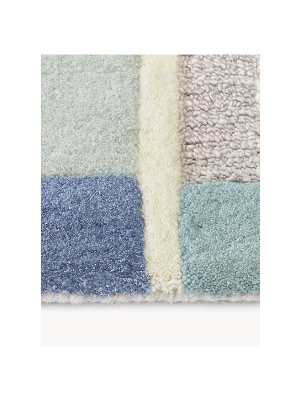Tappeto in lana fatto a mano con struttura in rilievo Pierre, Retro: 100% cotone Nel caso dei , Tonalità blu, bianco crema, Larg. 200 x Lung. 300 cm (taglia L)