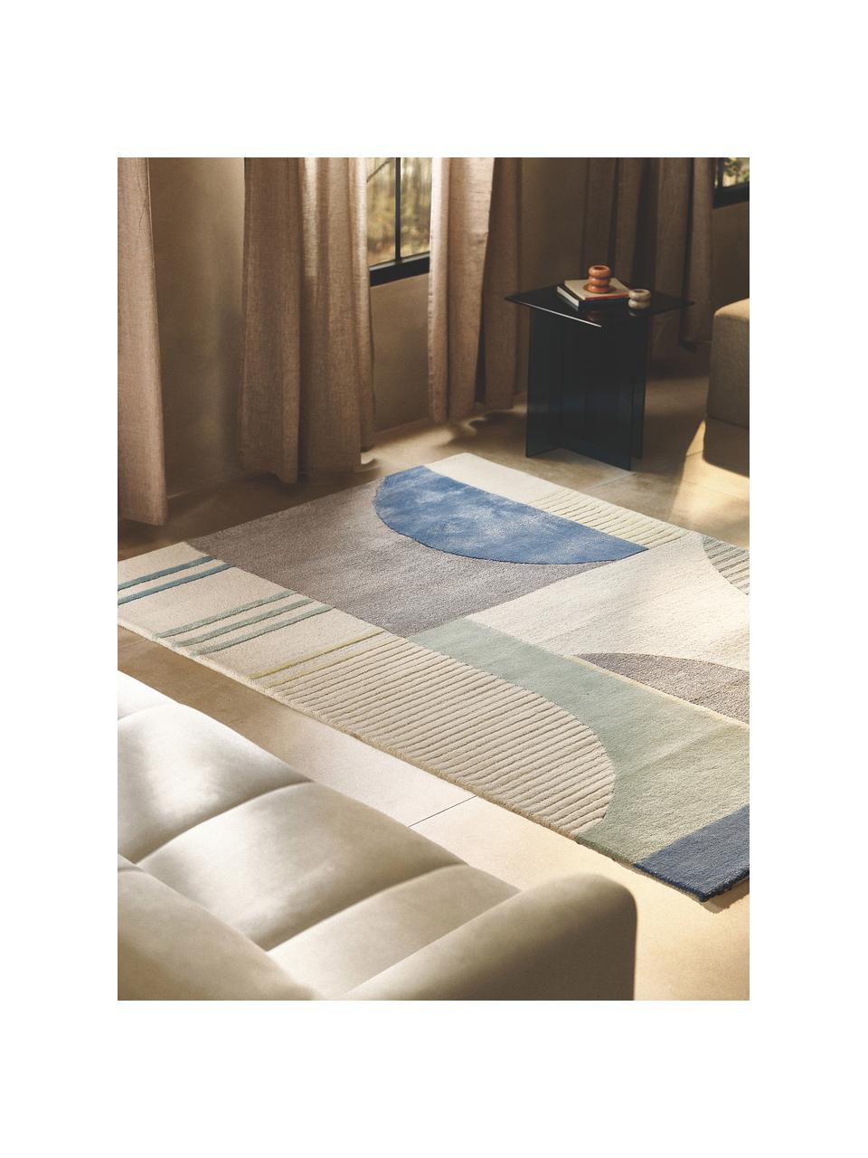 Tapis en laine texturé tufté main Pierre, Tons bleus, blanc crème, larg. 200 x long. 300 cm (taille L)