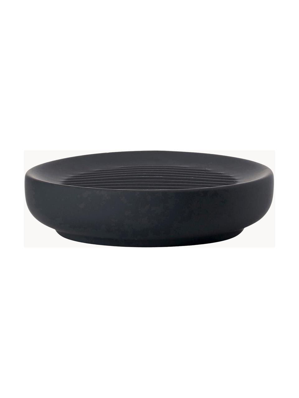 Porte-savon à surface veloutée Ume, Grès cérame recouvert d'une surface Soft-touch (plastique), Noir, Ø 12 x haut. 3 cm