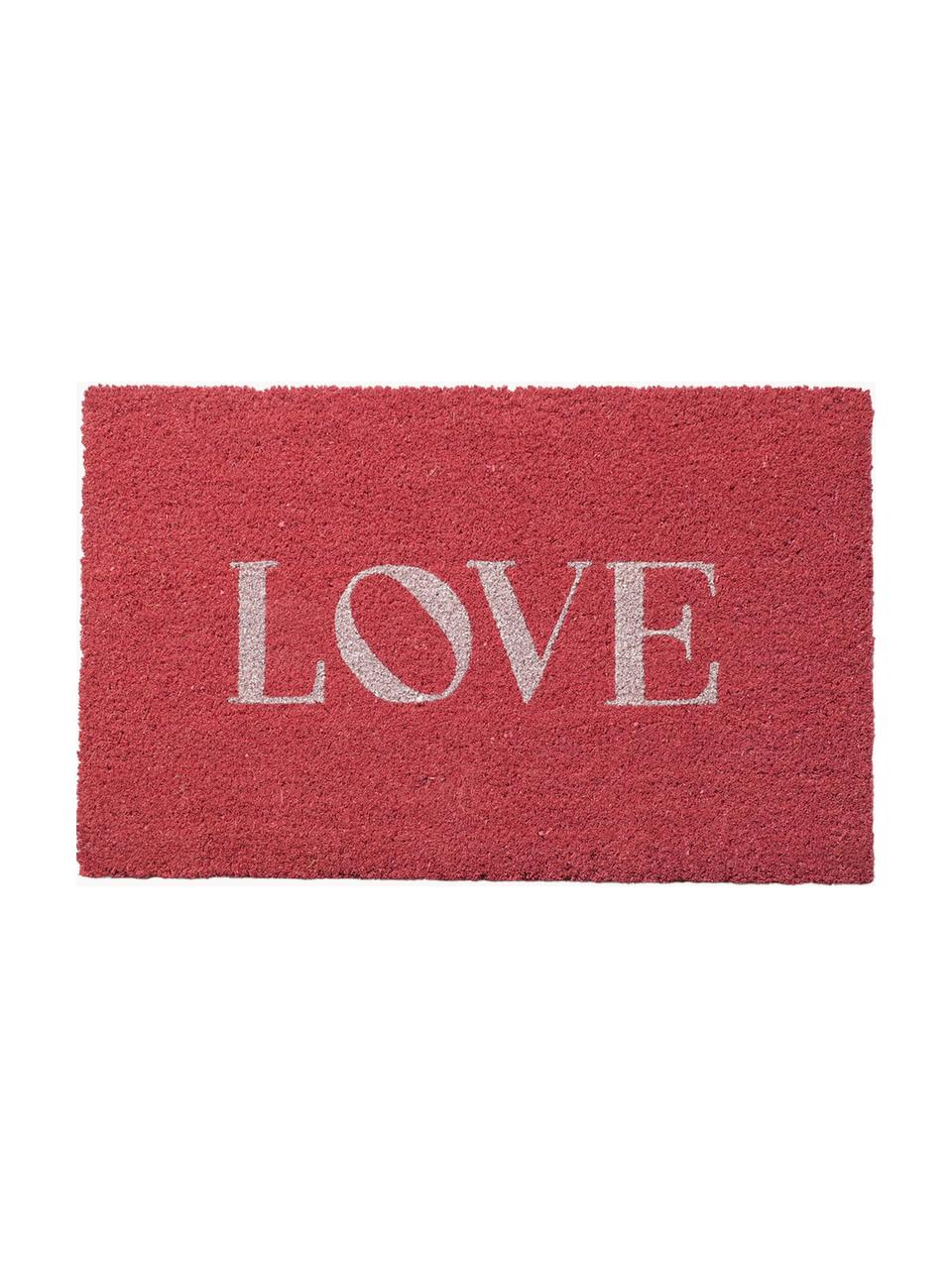 Felpudo Love, Parte superior: fibras de coco, Reverso: plástico (PVC), Rojo, blanco, An 40 x L 60 cm