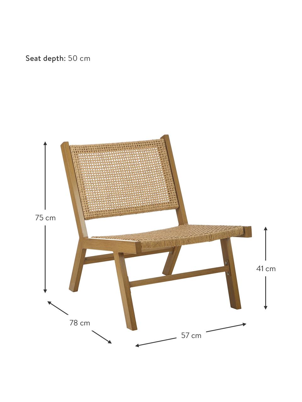 Sillón para exterior en aspecto madera Palina, Estructura: metal con pintura en polv, Asiento: malla de plástico, Marrón, An 57 x F 78 cm